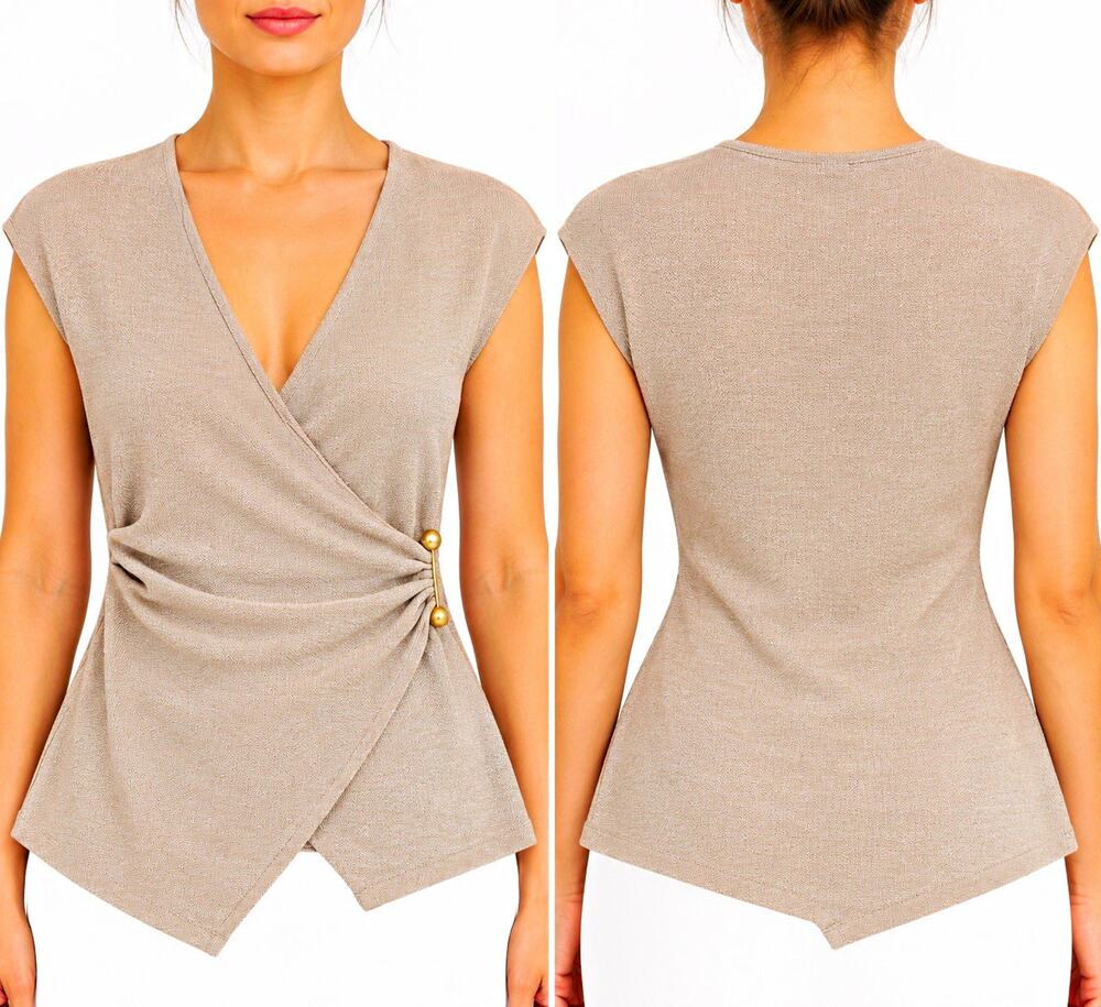 ZARA Women's Beige Solid Knit Wrap V-Neck Sleeveless Button Blouse Size M